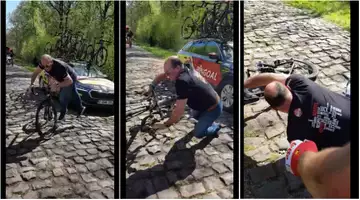 L'improbable chute d'un mécanicien dans Paris-Roubaix (vidéo)